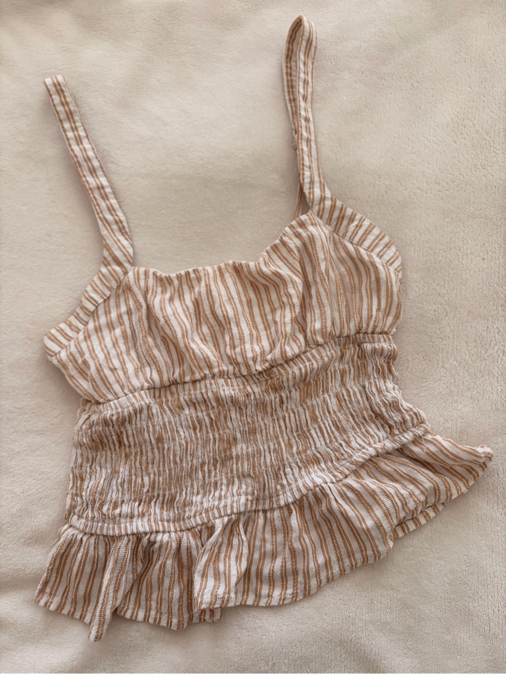 Japna Beige & White Striped Smocked Peplum Cami
